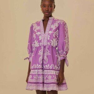 Farm Rio Lilac Sweet Garden Mini Skirt Dress Drawstring Tie Waist Size L Purple